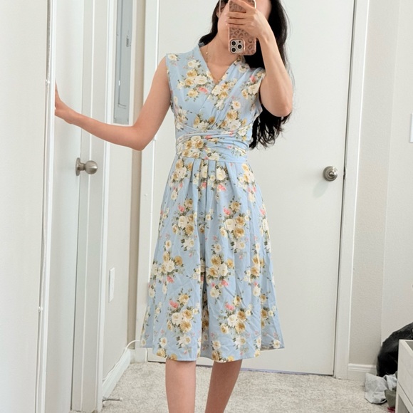 #076 | Floral Wrap Waist Midi Dress | Light Blue | S | Ribbon Pockets - Picture 2 of 8